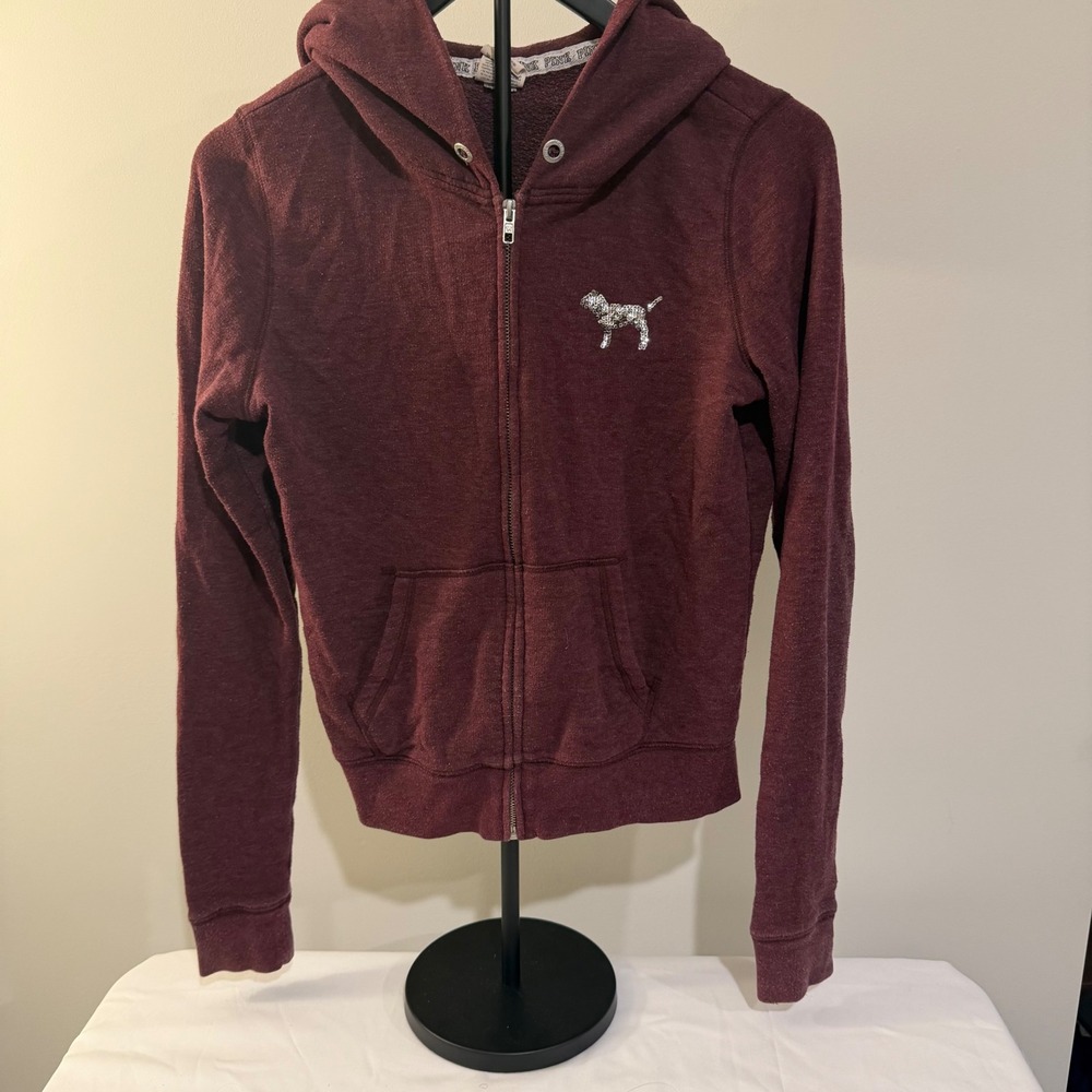 Victorias Secret PINK Sequin Logo Full Zip Hoodie Burgundy Heathered XSmall